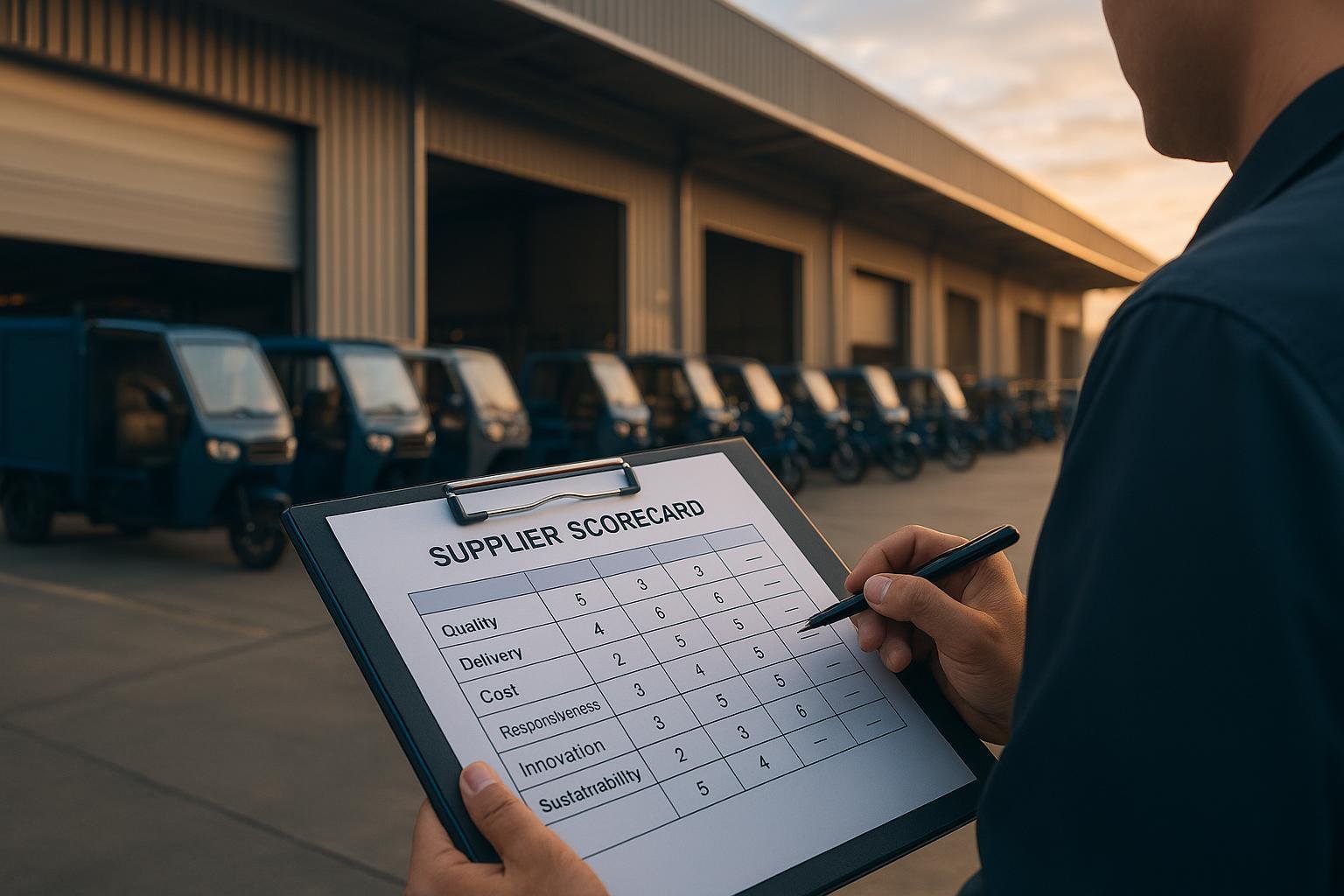 a completed supplier scorecard with six weighted criteria and three anonymised suppliers scored against them