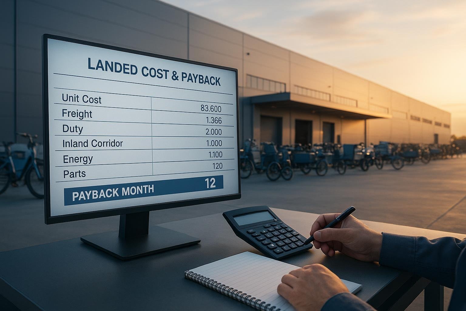 a completed landed-cost and payback worksheet showing unit cost, freight, duty, inland corridor, energy and parts lines with a payback-month output