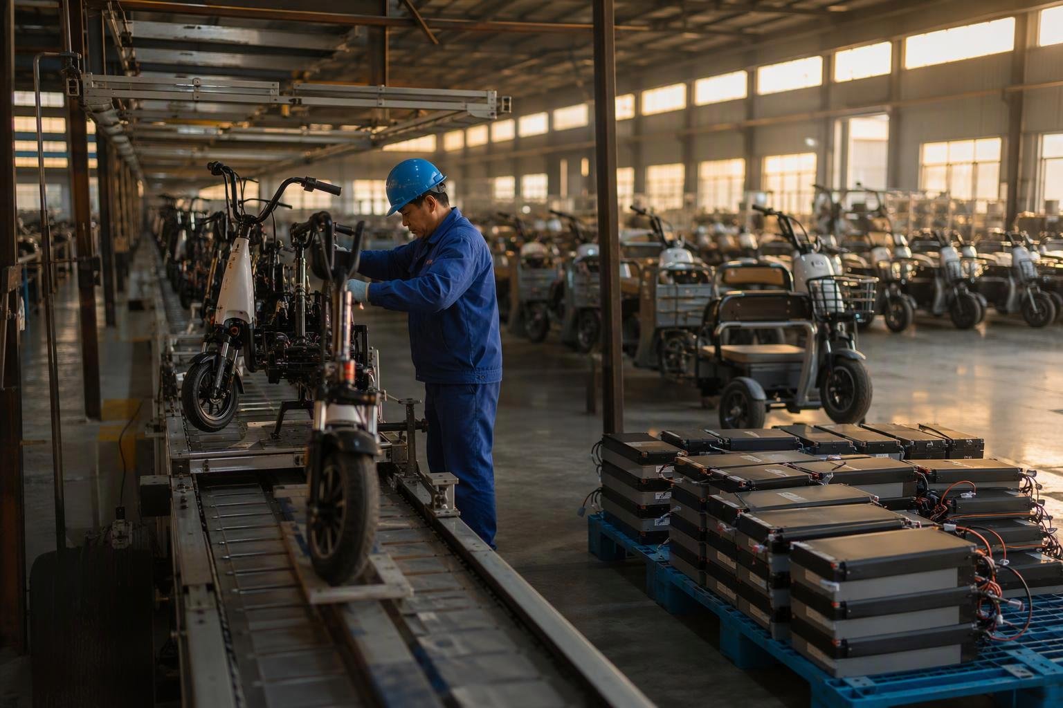 Electric scooter production line in a Chinese OEM/ODM factory with frames, battery packs and finished units staged for export